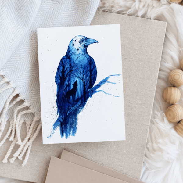 Twilight Raven Mystic Night Watercolor Art Card- Elena Markelova Arts