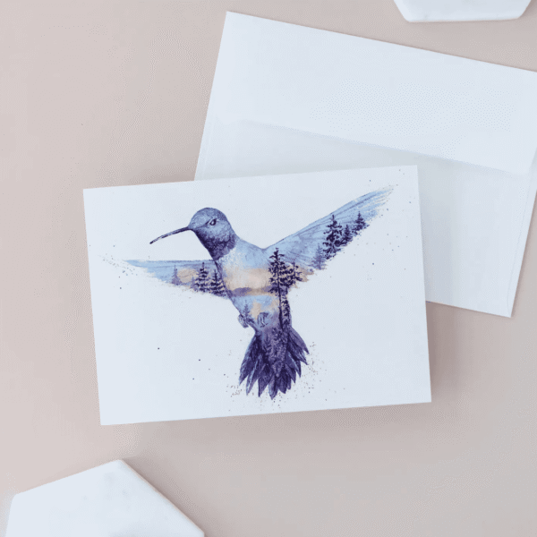 Golden Hour Jewel Hummingbird Coastal Watercolor Art Card- Elena Markelova Arts