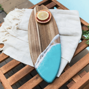 Resin-Accented Surfboard Shaped Charcuterie Board by Lynn and Liana Designs