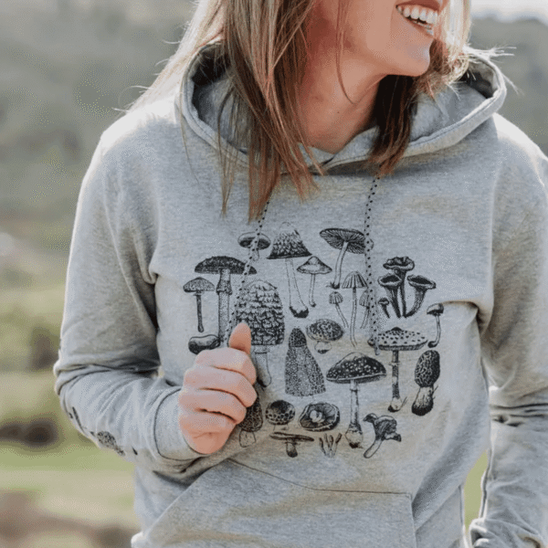 Mushroom Design Hoodie – Soft Grey Unisex Sweatshirt | Distressed Cuffs, Designed in Canada