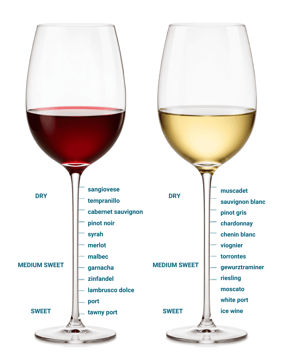 Wine sweetness chart — red and white wine varieties arranged from dry to sweet