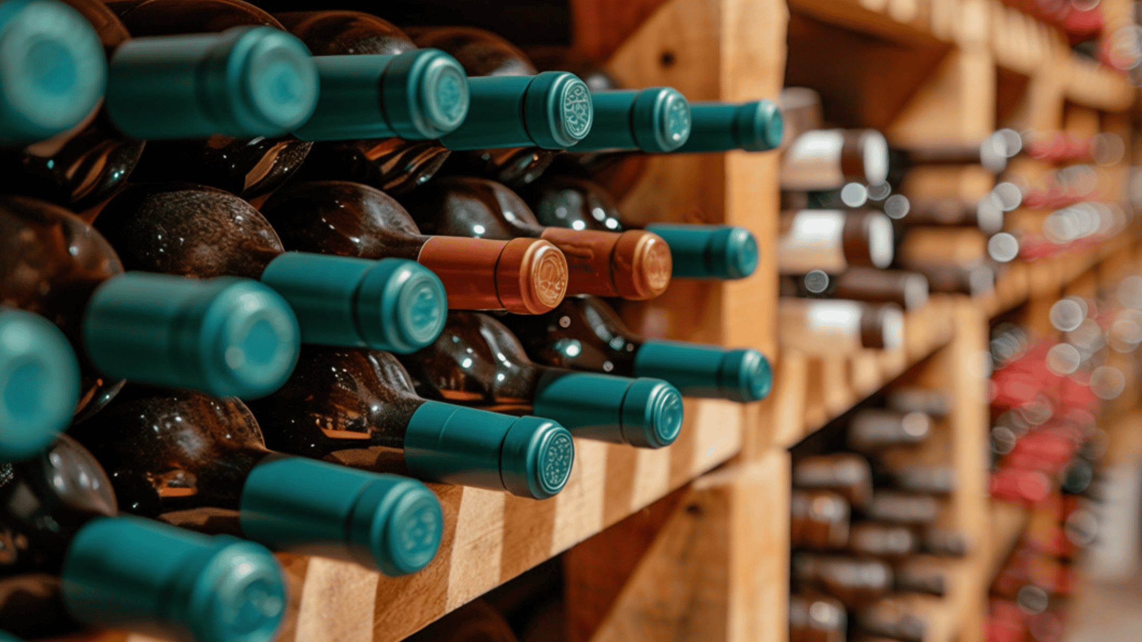 Bottles of wine crafted at Cork It in North Vancouver aging on their sides in a wine rack