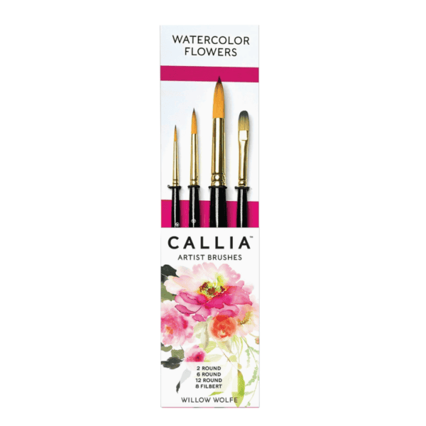 Callia Watercolor Flowers artist brush set by Willow Wolfe — box showing 2, 6, 12 Round and 8 Filbert synthetic sable brushes with a floral watercolour design