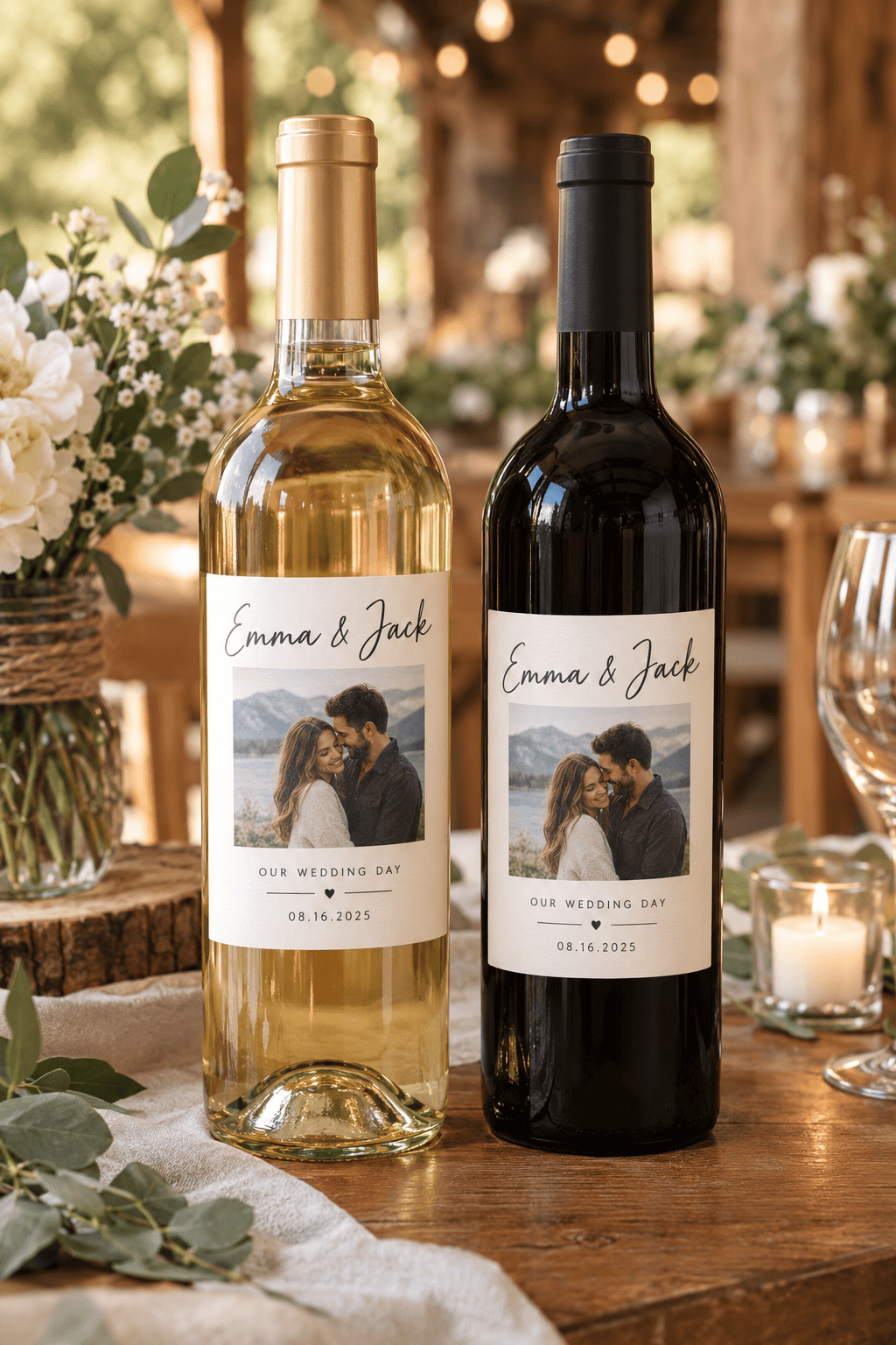 Custom wedding wine labels — Emma & Jack, with the couple's photo and wedding date