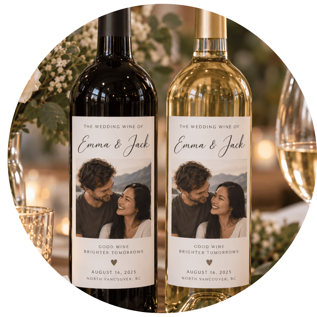 Custom wedding wine labels — Emma and Jack — on a red and a white bottle