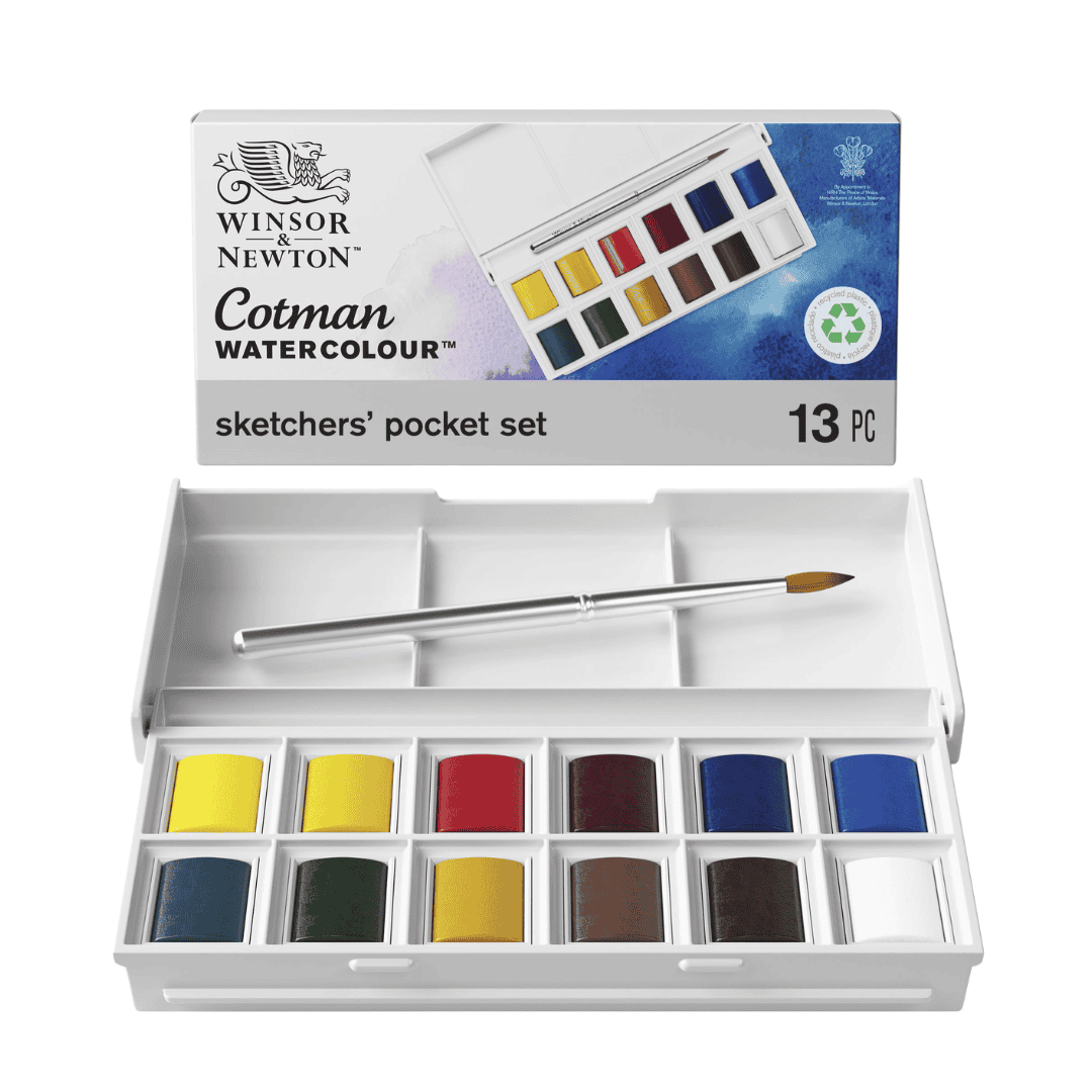 Winsor & Newton Cotman Sketcher's Pocket Box, 13-piece watercolour set — packaging and open tin of 12 half pans with travel brush
