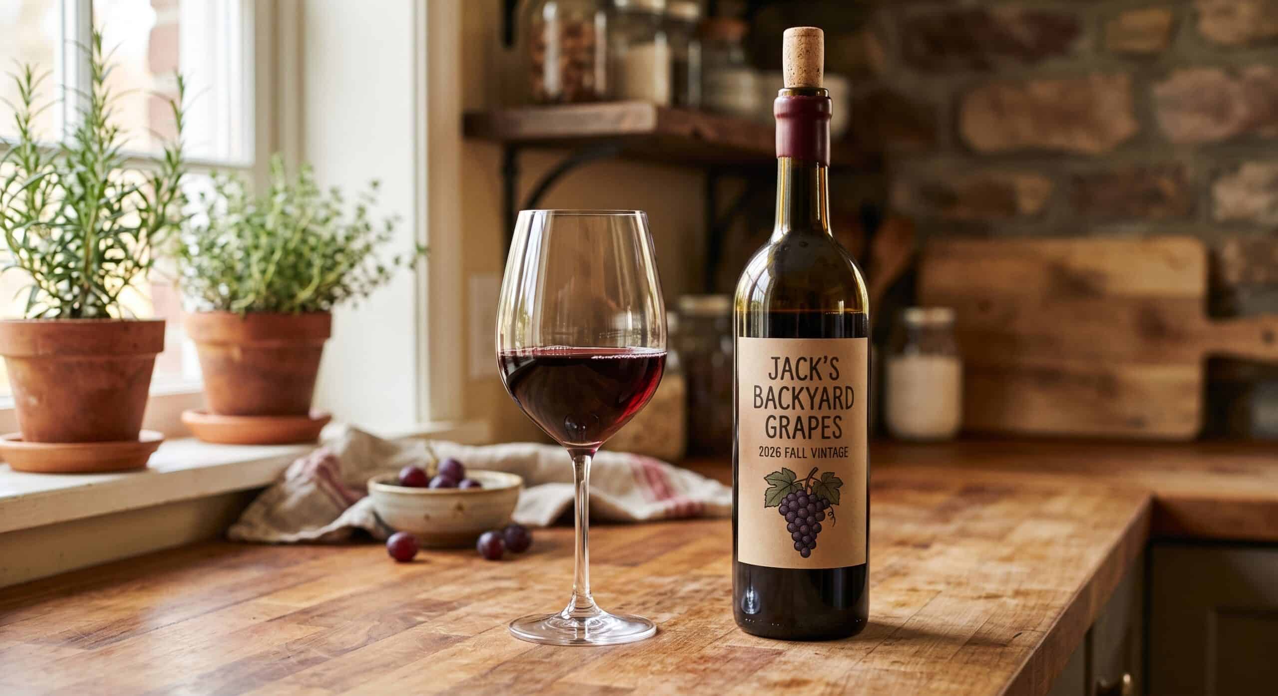 Bottle of homemade red wine with a custom backyard-grapes label beside a full glass on a kitchen counter
