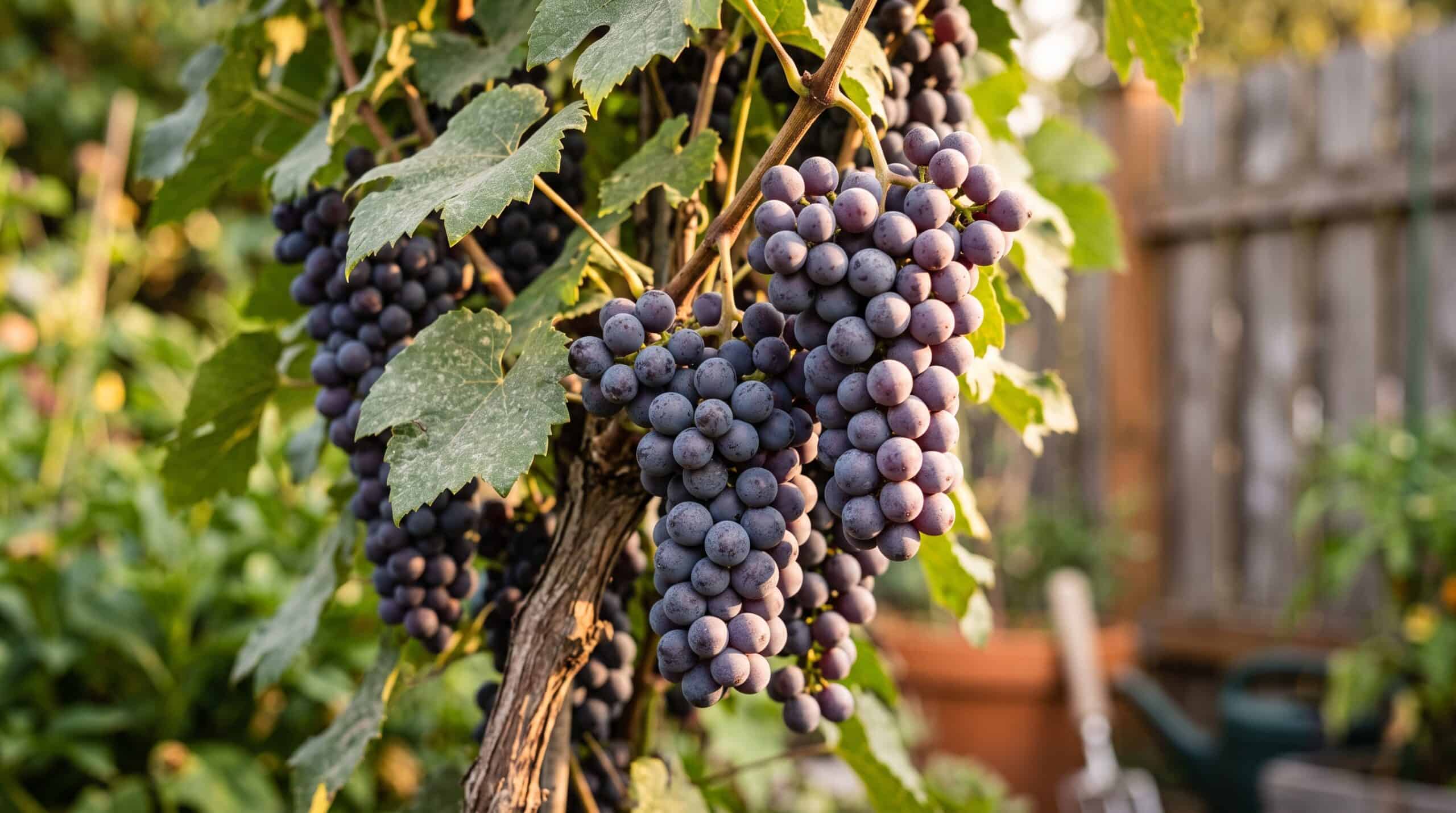 Ripe purple backyard grapes on the vine in warm late-summer light on the North Shore