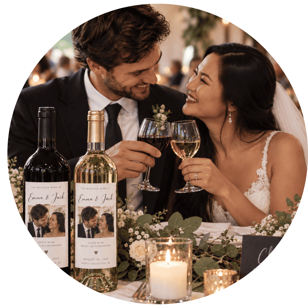 A couple pouring their custom wedding wine at the reception