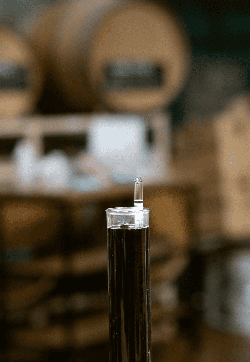 Glass hydrometer floating in a test jar of grape juice to measure sugar and specific gravity