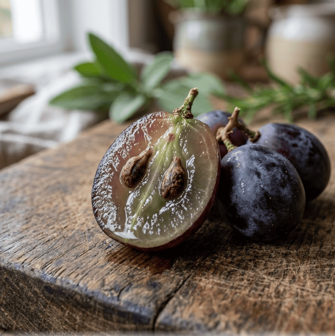Backyard grape sliced in half showing brown, mature seeds, a sign the grapes are ripe