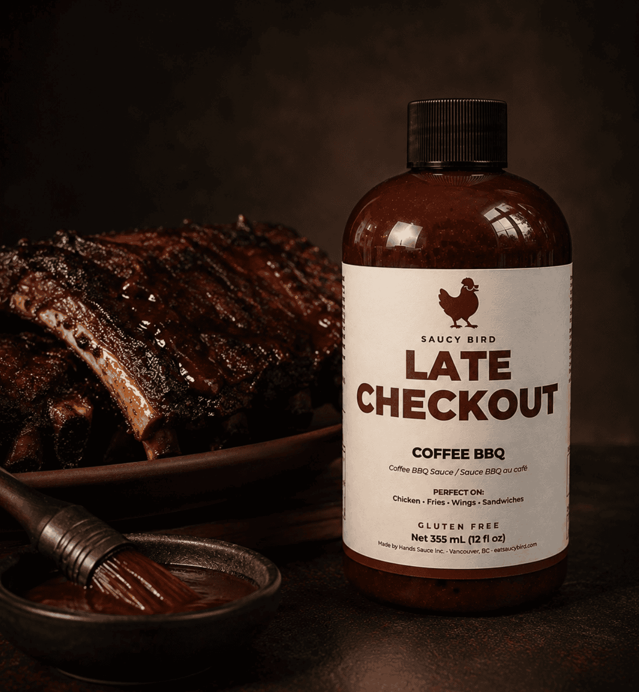 Bottle of Saucy Bird Late Checkout Coffee BBQ Sauce beside a rack of glazed barbecue ribs with a basting brush