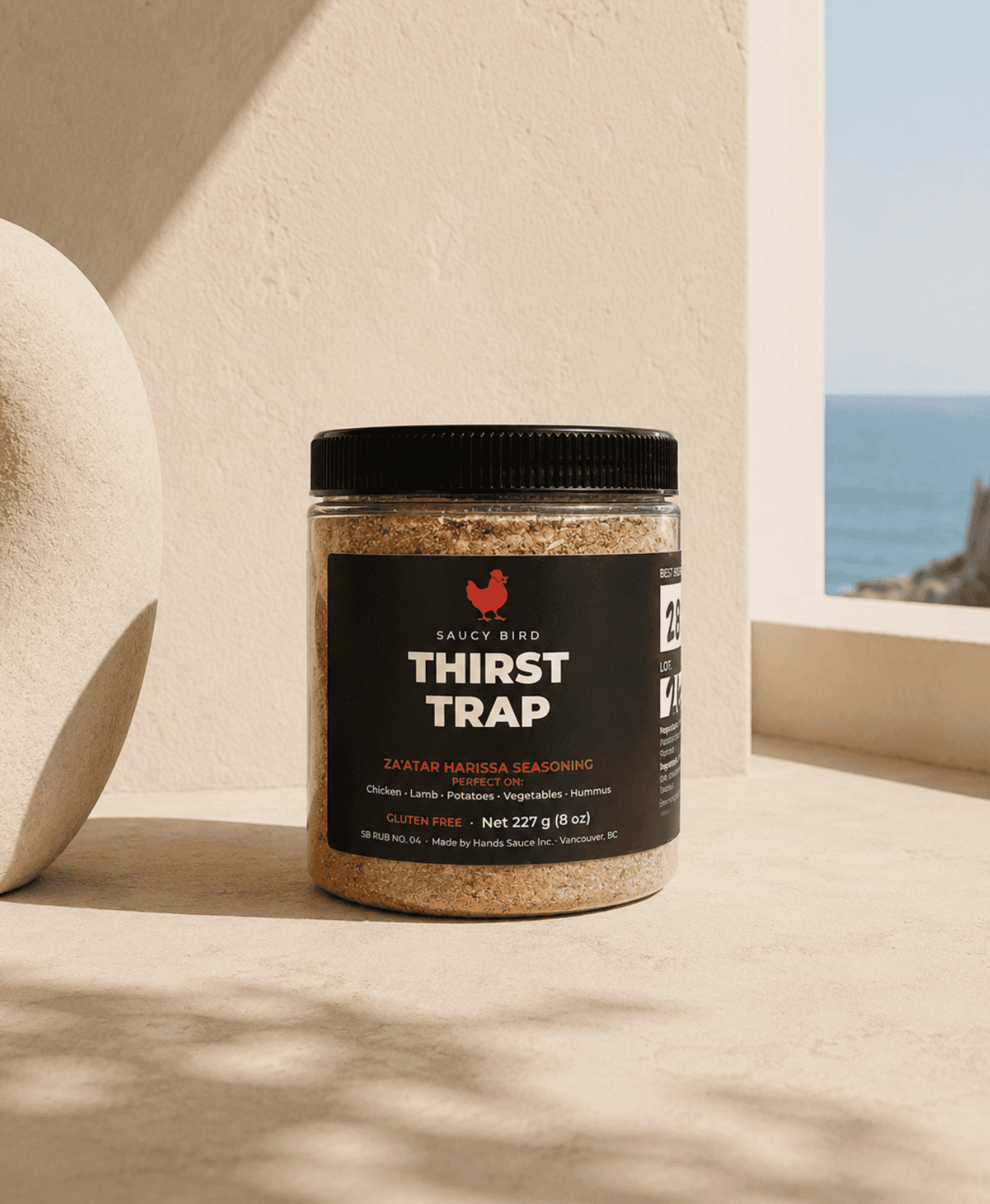 Jar of Saucy Bird Thirst Trap za'atar harissa seasoning on a sunlit ledge with an ocean view