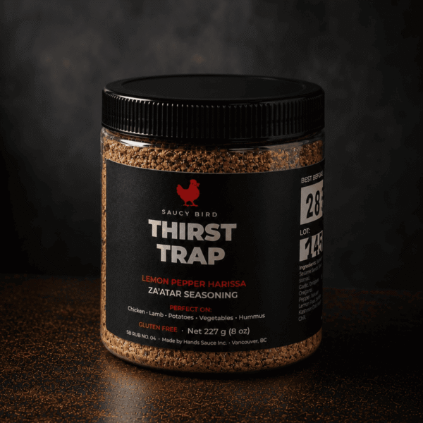 Jar of Saucy Bird Thirst Trap lemon pepper harissa za'atar seasoning, 227 g, on a dark background