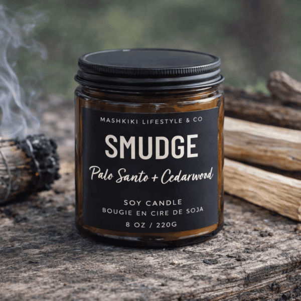 Mashkiki Smudge 8 oz amber glass soy candle in Palo Santo + Cedarwood with a matte black lid, beside a smudge bundle