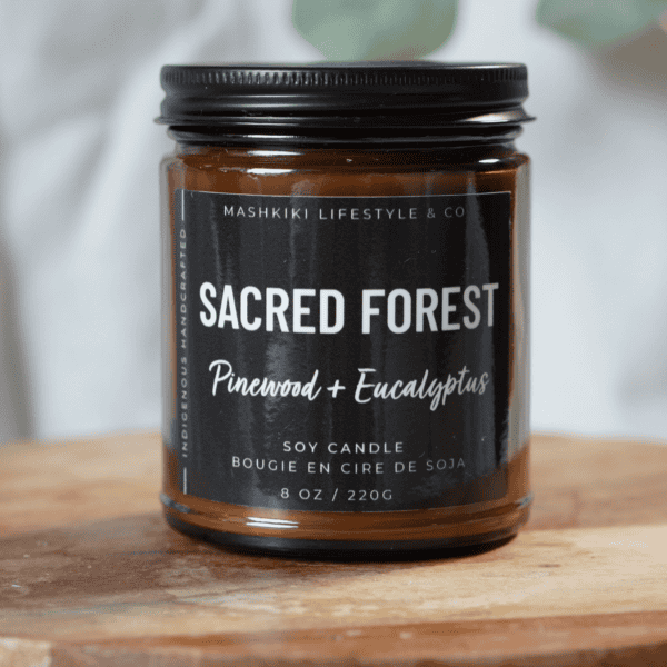 Mashkiki Sacred Forest 8 oz amber glass soy candle, Pinewood + Eucalyptus, with a matte black lid