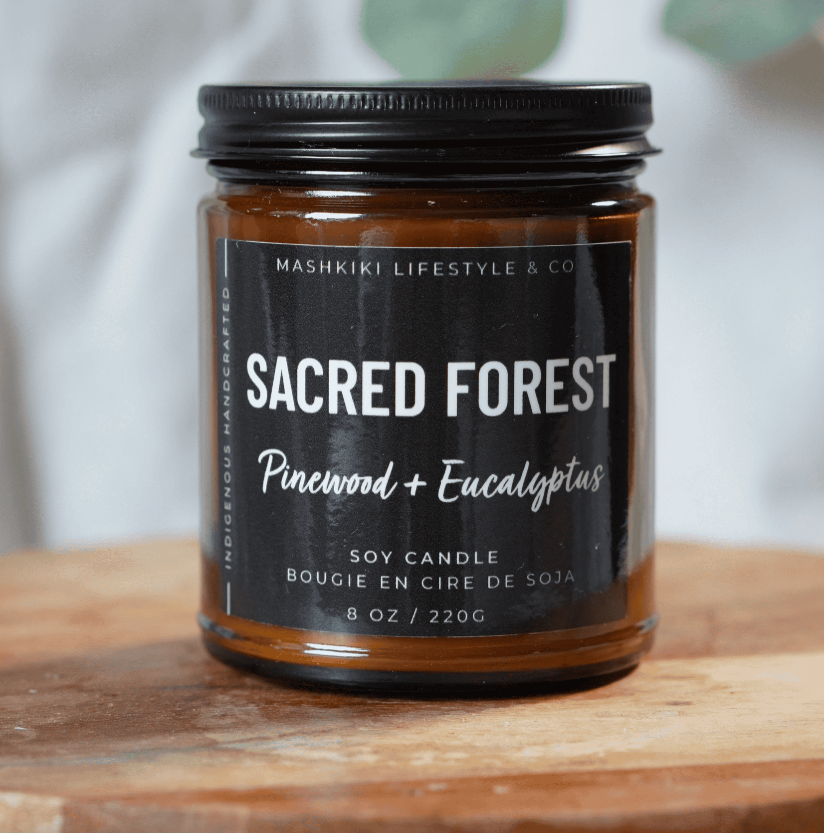 Mashkiki Sacred Forest 8 oz amber glass soy candle, Pinewood + Eucalyptus, with a matte black lid