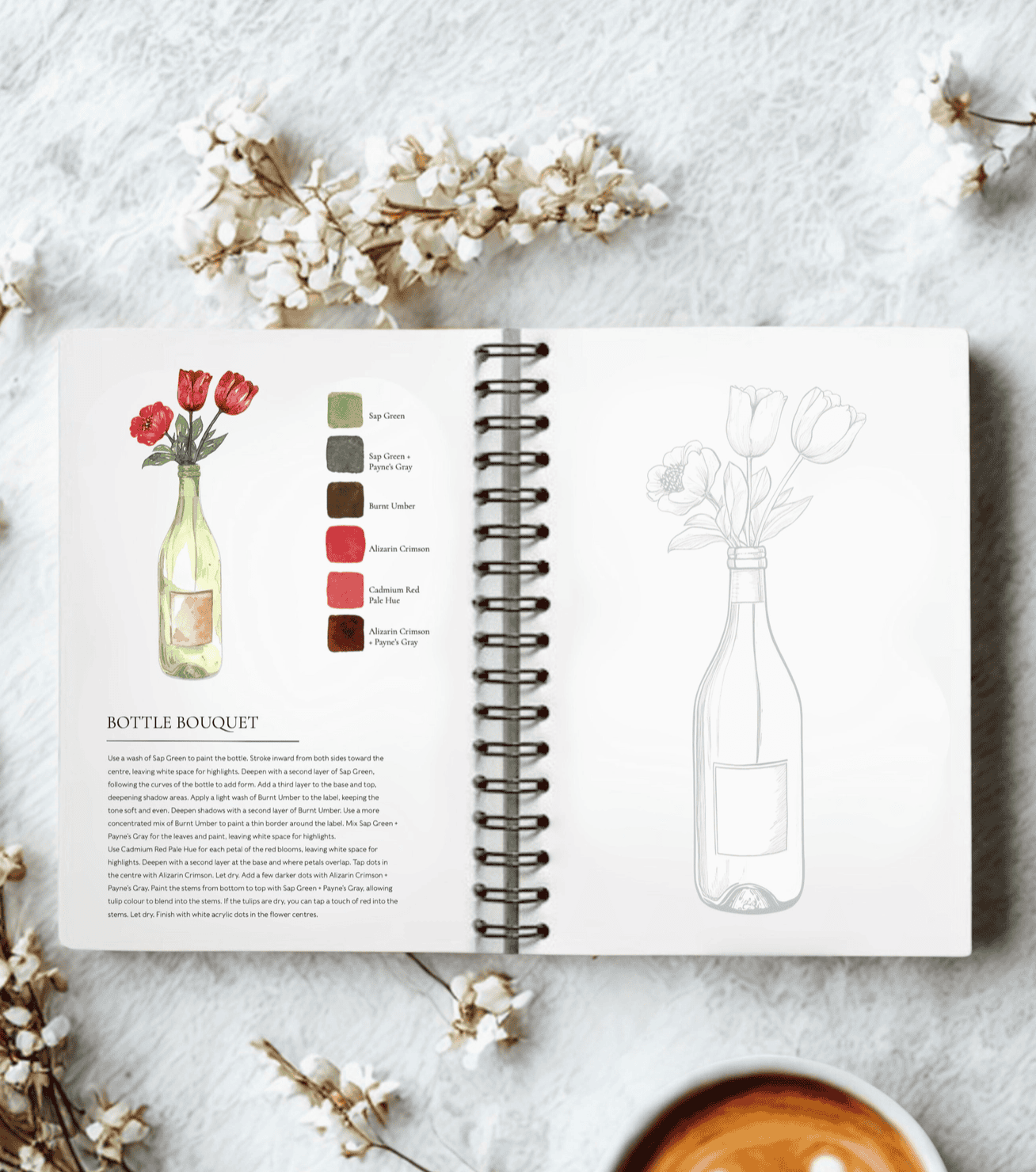 Pretty Pots workbook open to the Bottle Bouquet project — painted red tulips in a wine bottle beside the line drawing