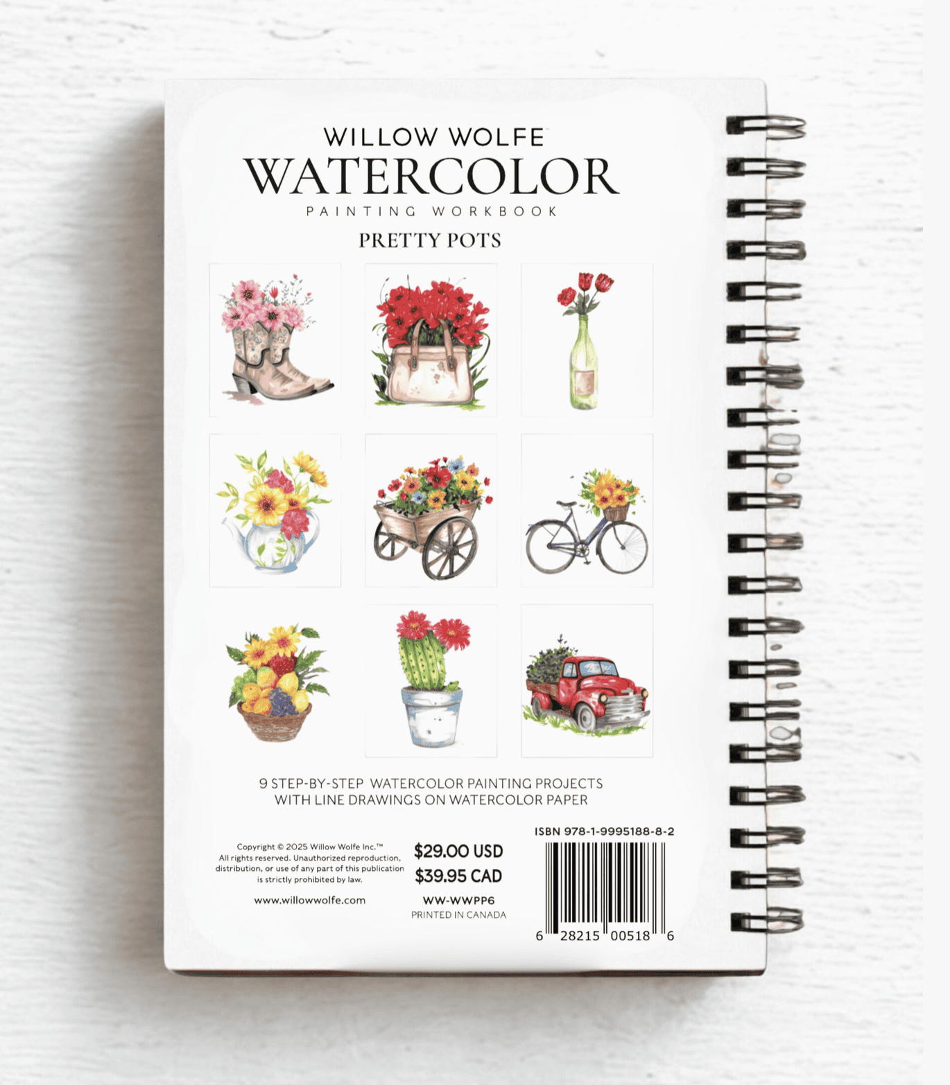 Pretty Pots watercolour workbook back cover showing the 9 floral painting projects