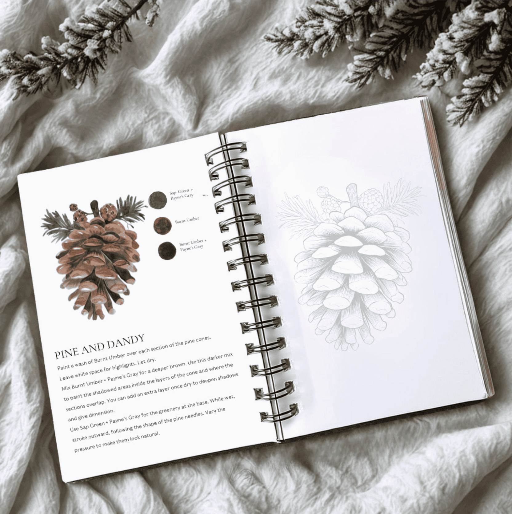 Winter Glow workbook open to the Pine and Dandy project — a painted pinecone beside the line drawing on a snowy flat lay