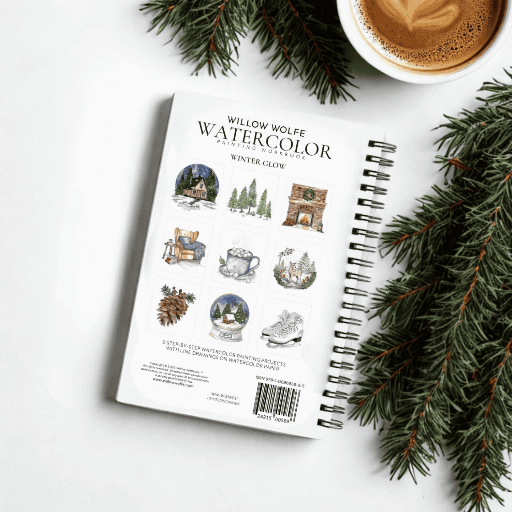 Winter Glow watercolour workbook back cover showing the 9 winter painting projects