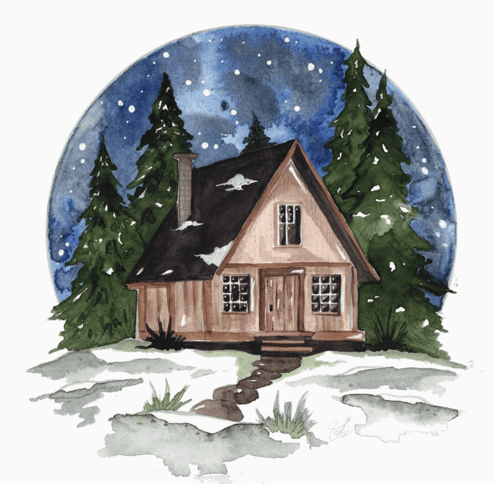 Finished Winter Glow watercolour painting — a cabin among snowy evergreens under a night sky