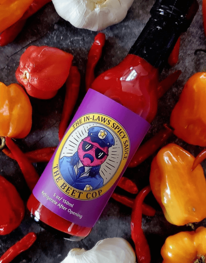 Bottle of The Beet Cop hot sauce by In-Laws Spicy Sauce, 150ml, with habanero and ghost peppers