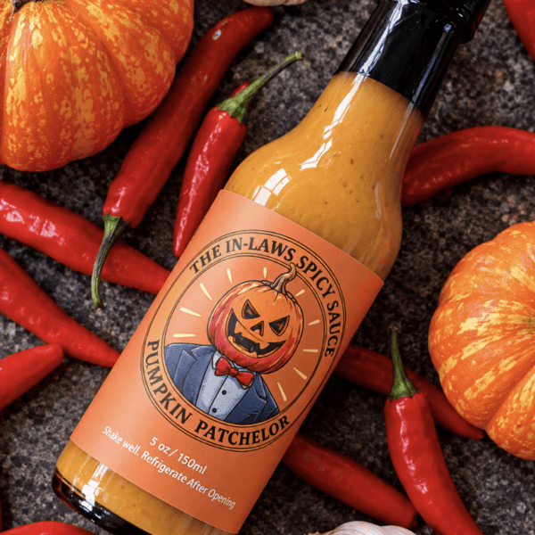Bottle of The Pumpkin Patchelor hot sauce by In-Laws Spicy Sauce, 150ml, limited release, with pumpkins and chili peppers