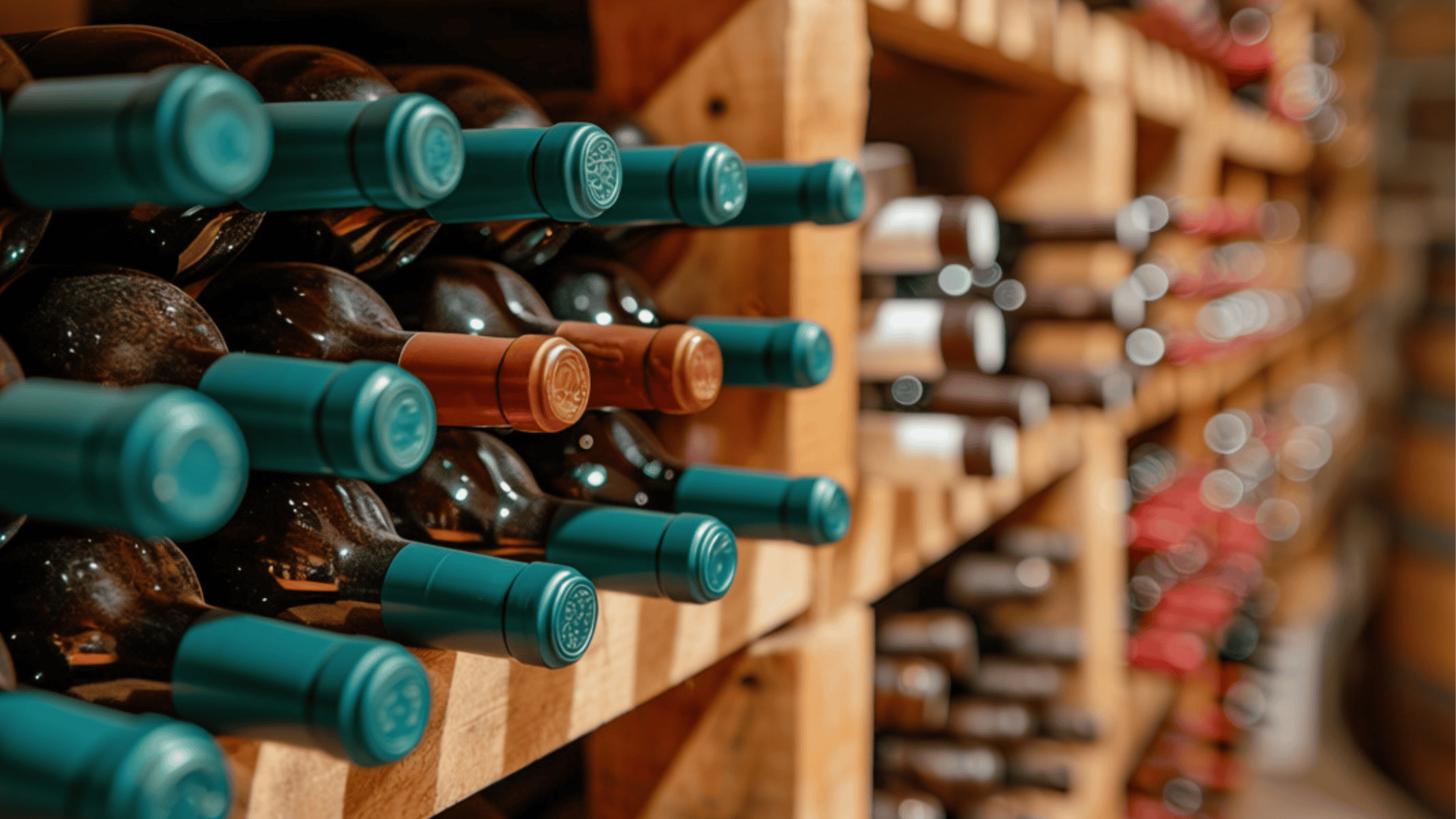 Bottles of wine stored on their sides in a wooden wine rack