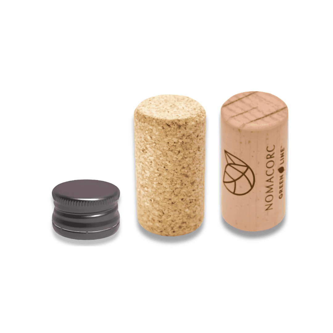 A screw cap, an agglomerated cork and a synthetic cork compared side by side