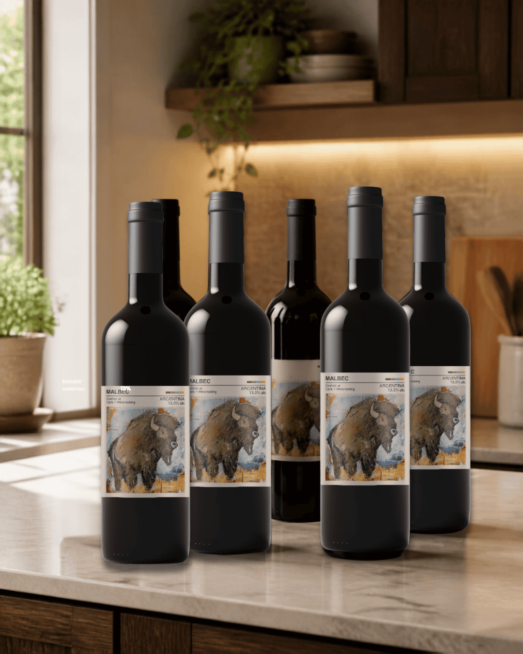 Freshly corked bottles of Cork It wine standing upright on a counter