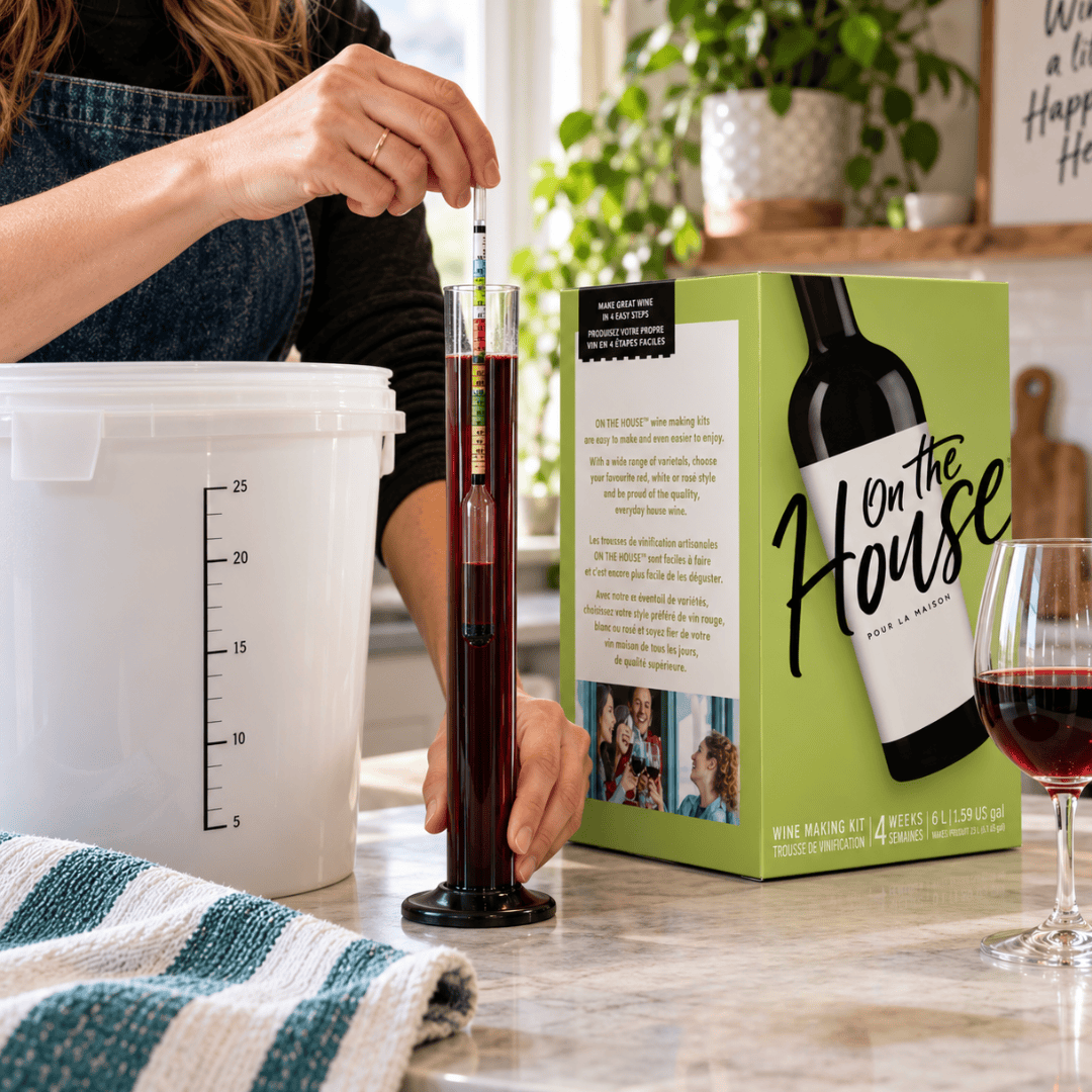 Home winemaker lowering a hydrometer into a test cylinder of red wine must beside an On the House wine kit