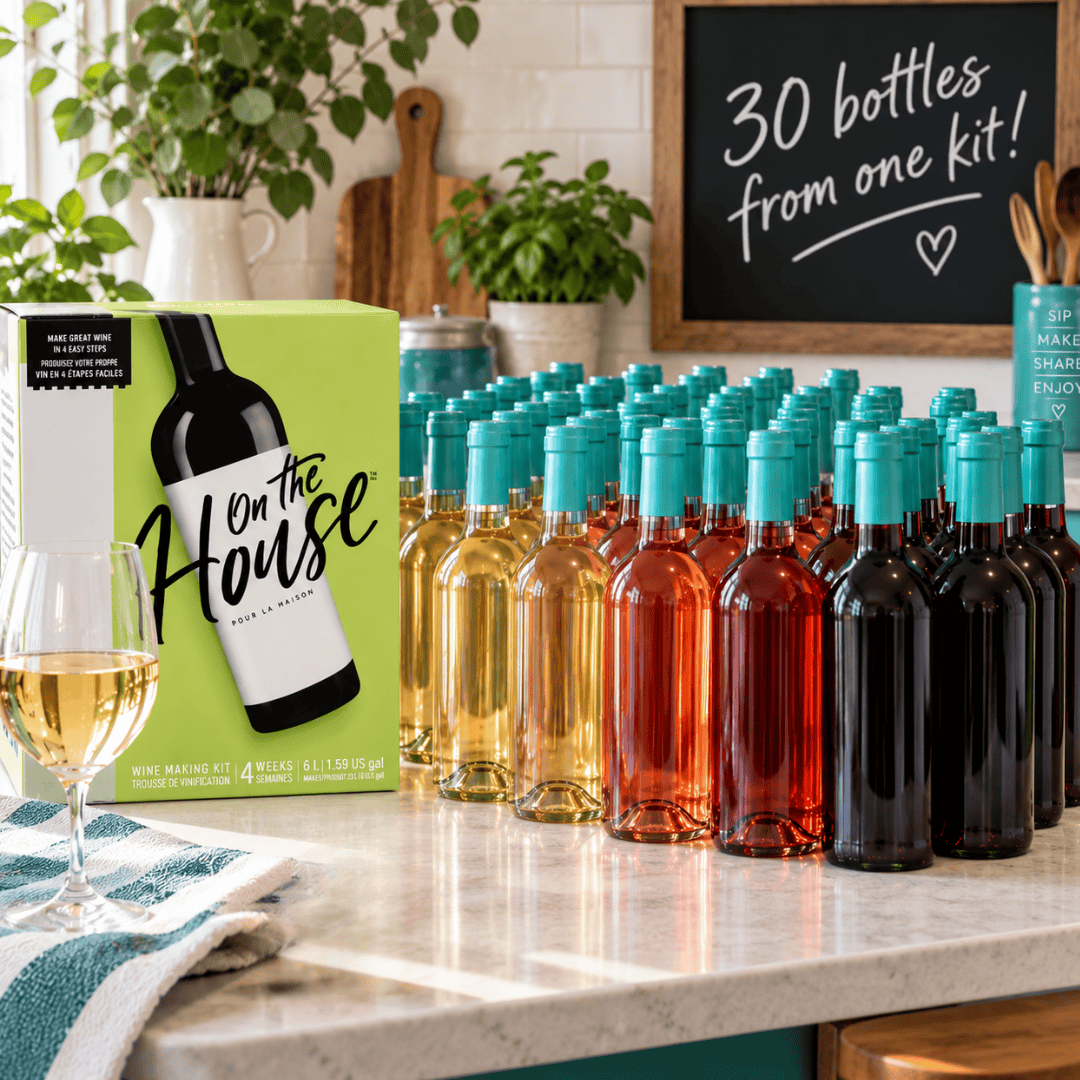Thirty bottles of homemade red, rose and white wine lined up beside an On the House kit, with a chalkboard reading 30 bottles from one kit