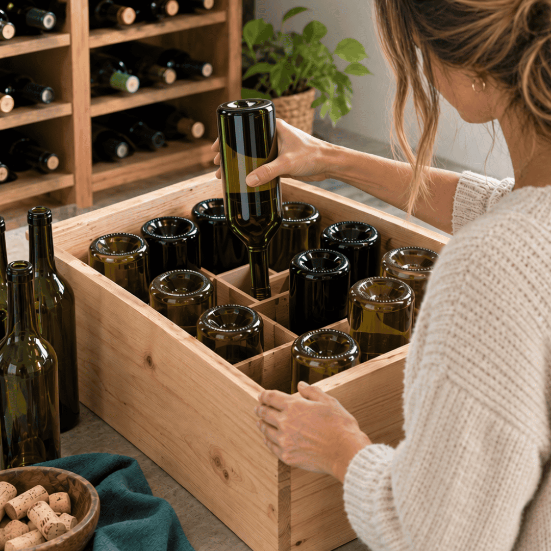 Empty wine bottles stored neck-down in a box to dry before refilling